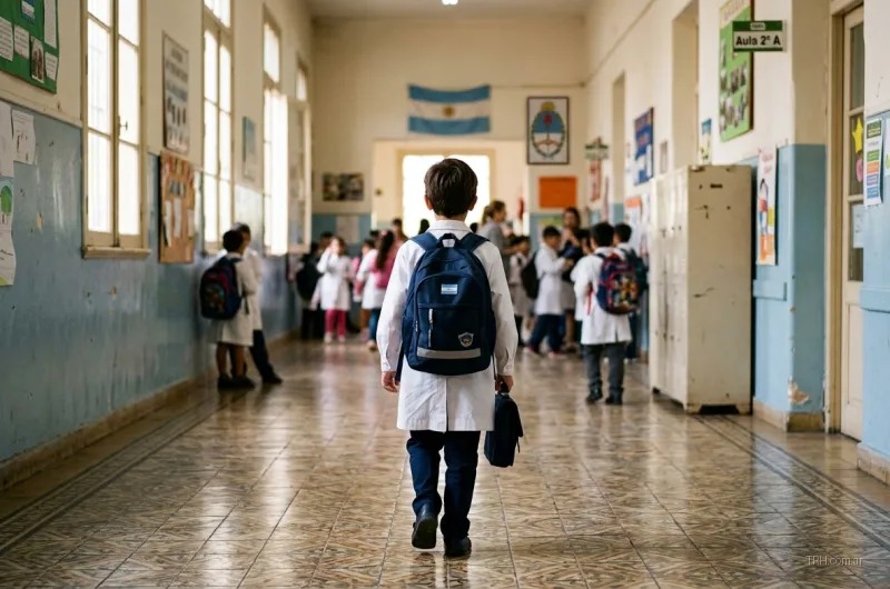 Guardapolvo escolar y útiles dentro de un aula en jornada de clases